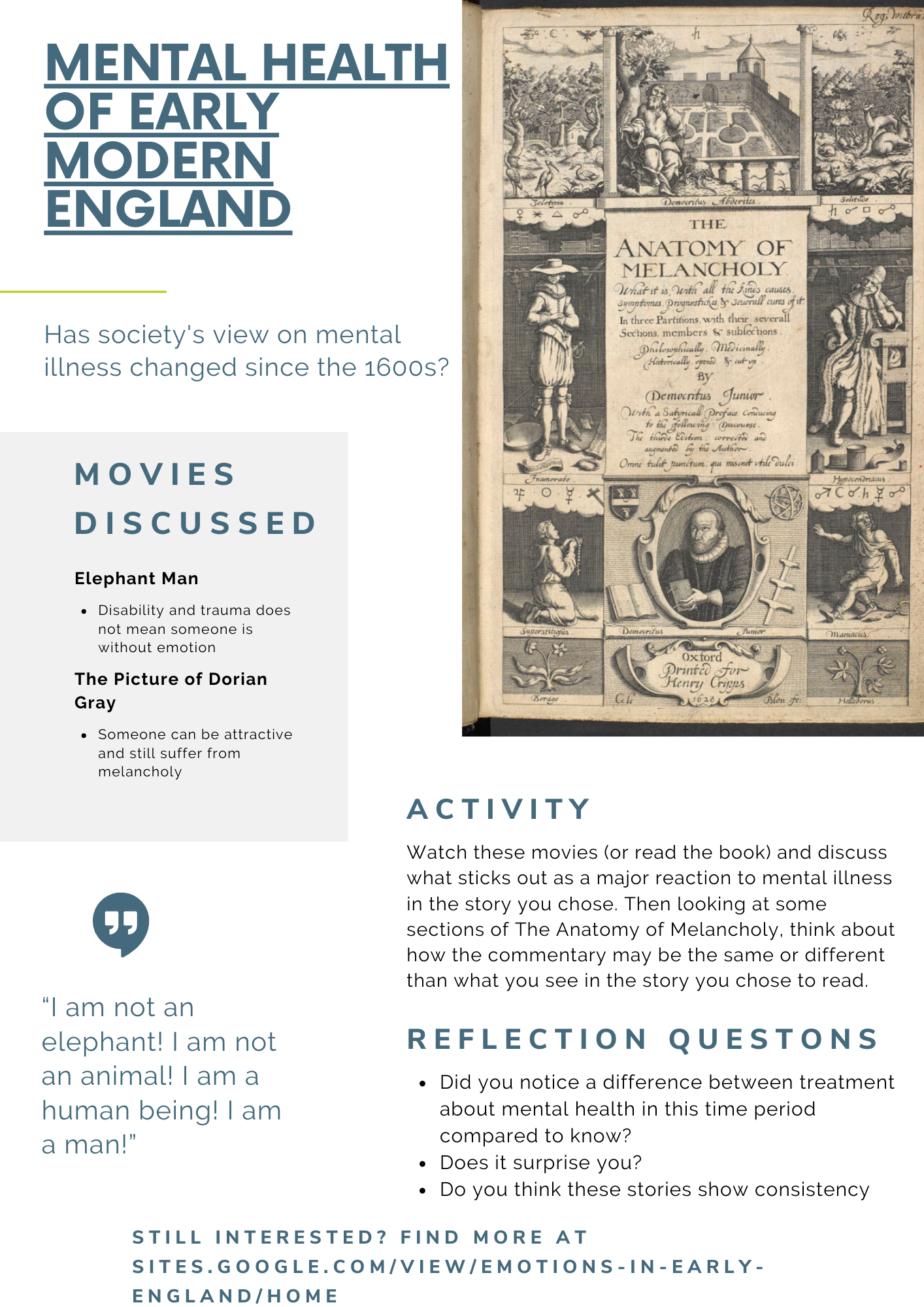 A poster listing some information about mental health of early modern England. Links to a site for more information